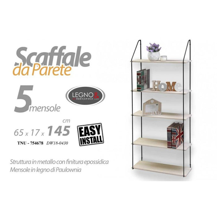 Scaffale slim in legno da parete  struttura metallo cm 65 x 17 x 145 h