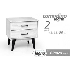 Comodino bianco due cassetti piedini neri cm 48 x 38 x 50 h