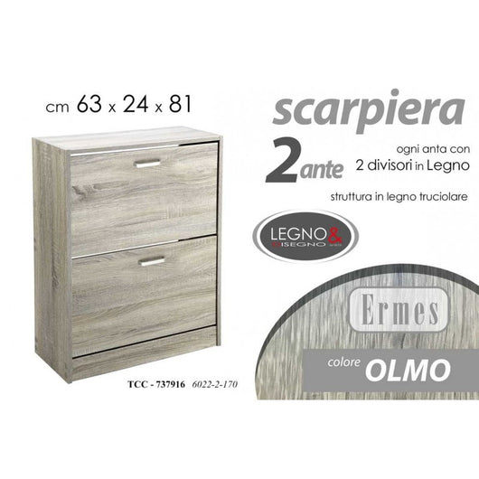 Scarpiera olmo due ribalte con due divisori  cm 63 x 24 x 81 h