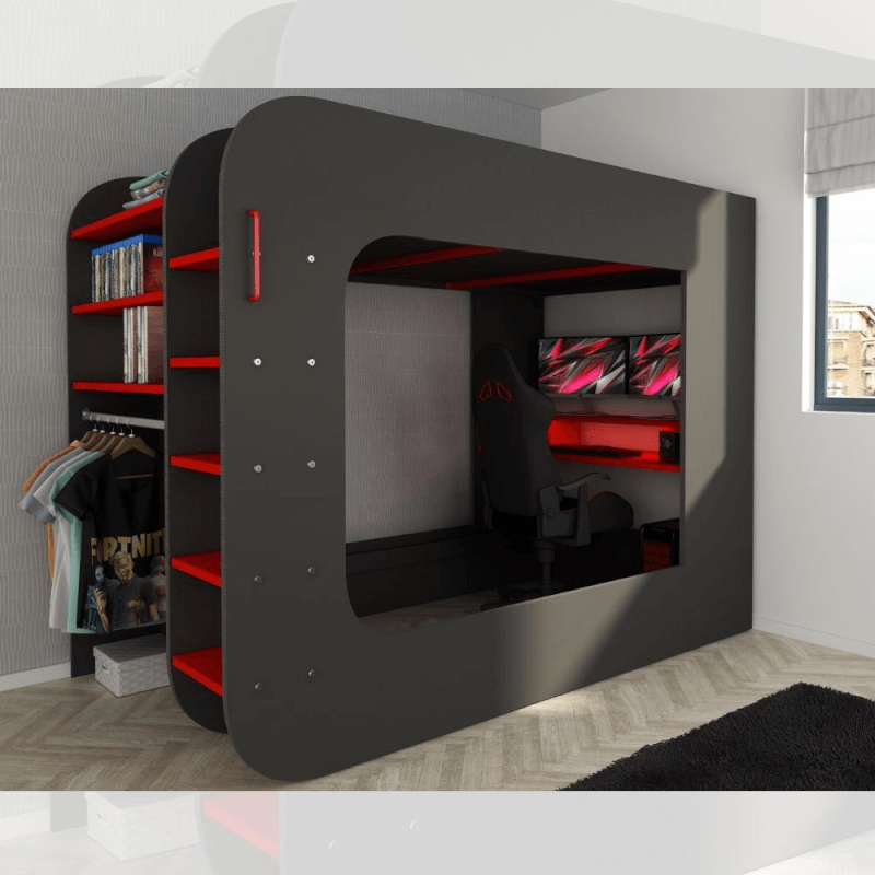 Letto a soppalco 5000 con postazione gamer antracite rosso EFFEZ