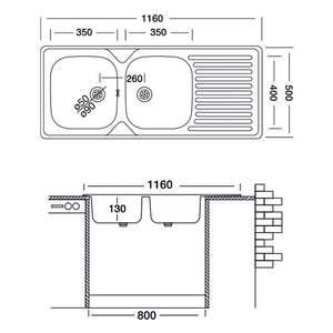 Lavello cucina due vasche acciaio da incasso gocciolatoio a dx 50x116 cm(N138DX35) EFFEZ