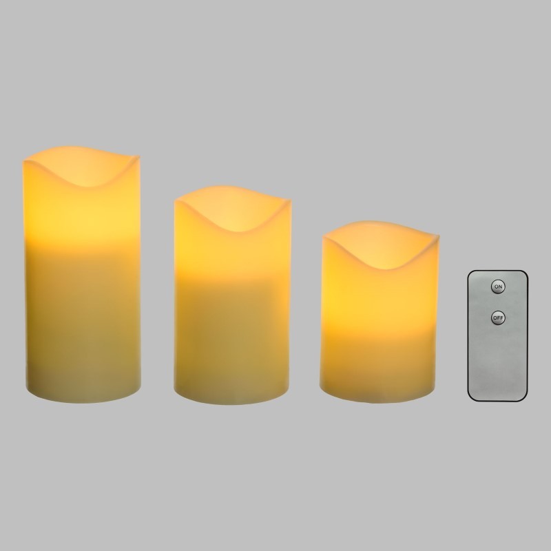 Set 3 Candele Avorio LED IR Ø75xH10-12,5-15cm