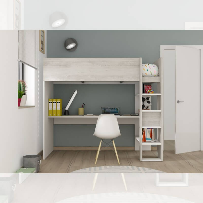 Cameretta 2278 con letto a soppalco con scrivania sottostante colore bianco e bianco consumato