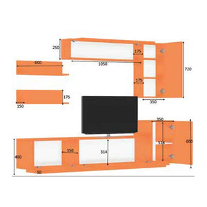 Parete attrezzata 3 ribalte con pensili  bianco rovere  200x35xh.40/60 cm