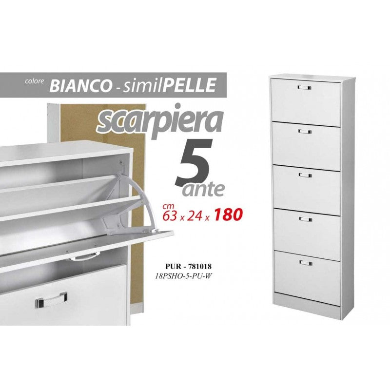 Scarpiera bianca doppia ribalta 5 ante cm 62 x 24 x 180 h ecopelle