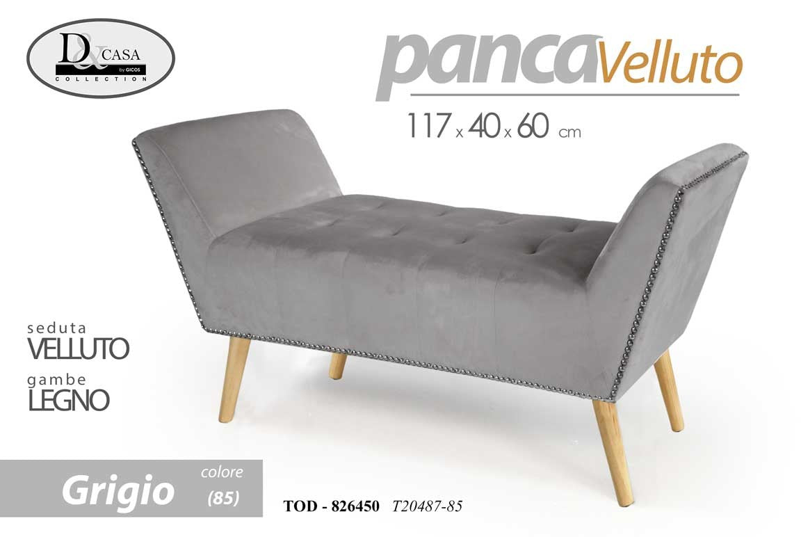 Panca retro in velluto grigio gambe in legno