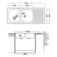 Lavello cucina due vasche acciaio da incasso gocciolatoio a dx 50x116 cm(N138DX35) EFFEZ