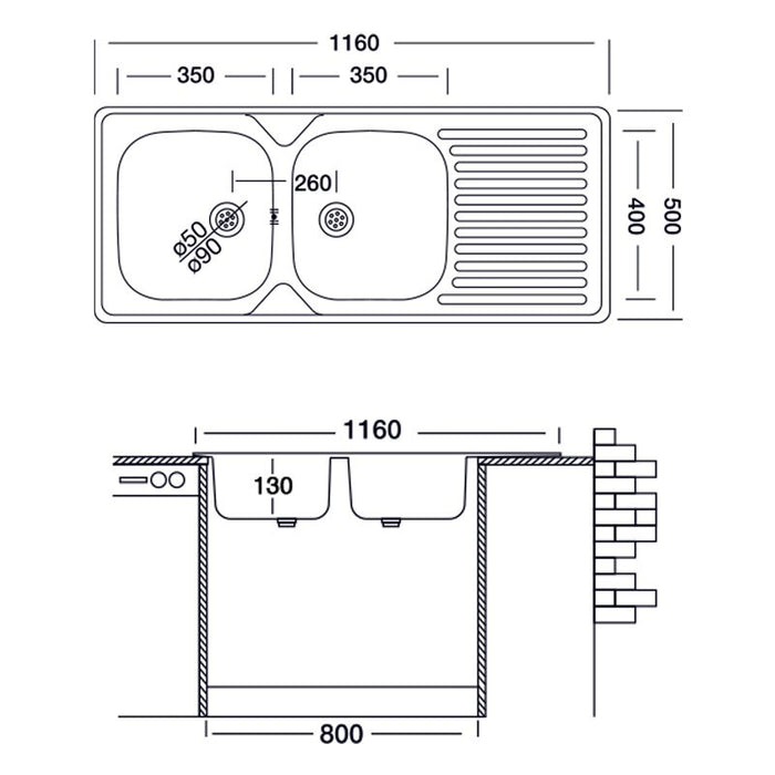 Lavello cucina due vasche acciaio da incasso gocciolatoio a dx 50x116 cm(N138DX35) EFFEZ