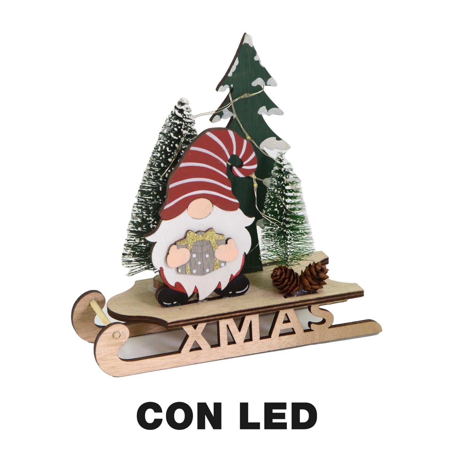 Gnomo legno su slitta led rosso cm18x7h18,5