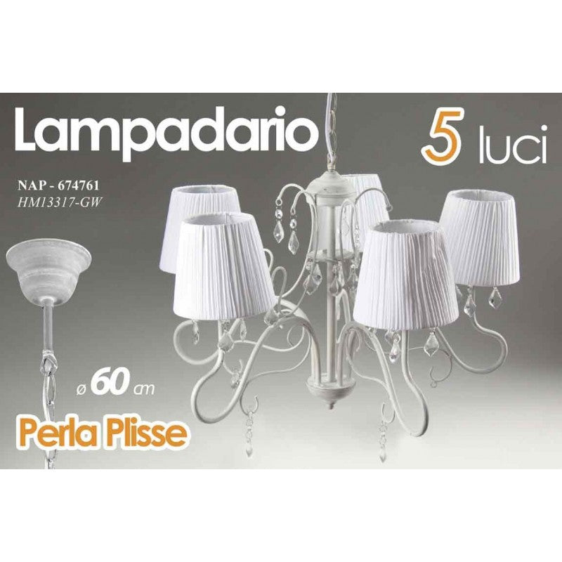 Lampadario a 5 luci bianco con paralumi in tessuto cm 60