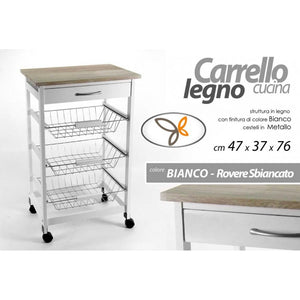 Carrello da cucina bianco con cesti e rotelle cm 47 x 37 x 76 h