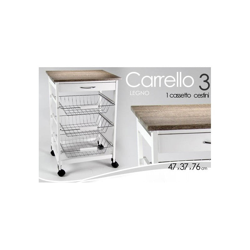 Carrello da cucina bianco con cesti e rotelle cm 47 x 37 x 76 h