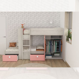 Cameretta 1267 con letto a castello con due cassettoni e armadio colore bianco consumato e rosa flamingo