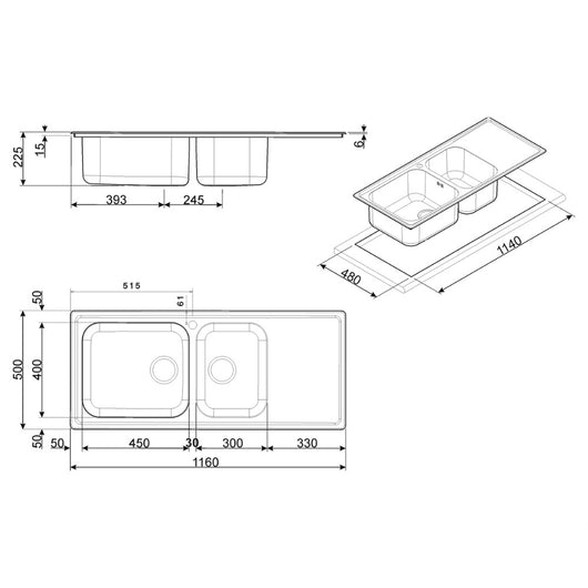 Lavello inox 116x50 cm