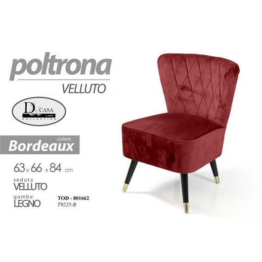 Poltrona da camera  in velluto bordeaux cm 63 x 66 x 84 h