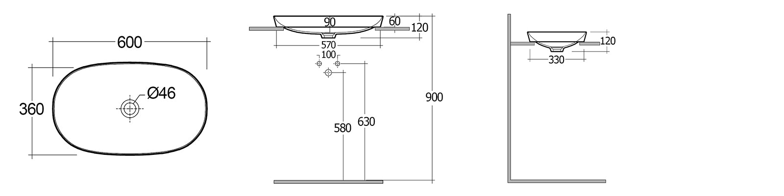 Lavabo incasso ovale allungato senza foro 60x36 cm, bianco