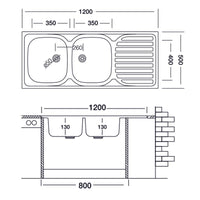 Lavello cucina due vasche con gocciolatoio sx acciaio da appoggio 50x120 cm