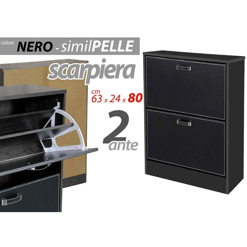 Scarpiera due ribalte slim ante ecopelle nero cm 63 x 24 x 80 h