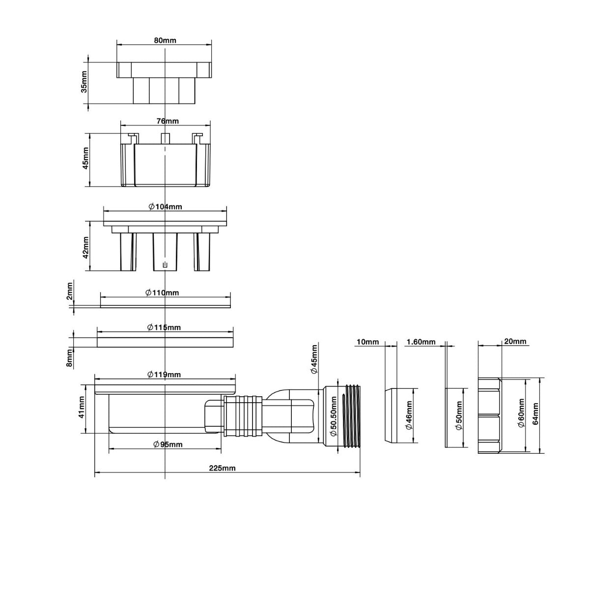 Piletta per piatti doccia 110mm x 50mm