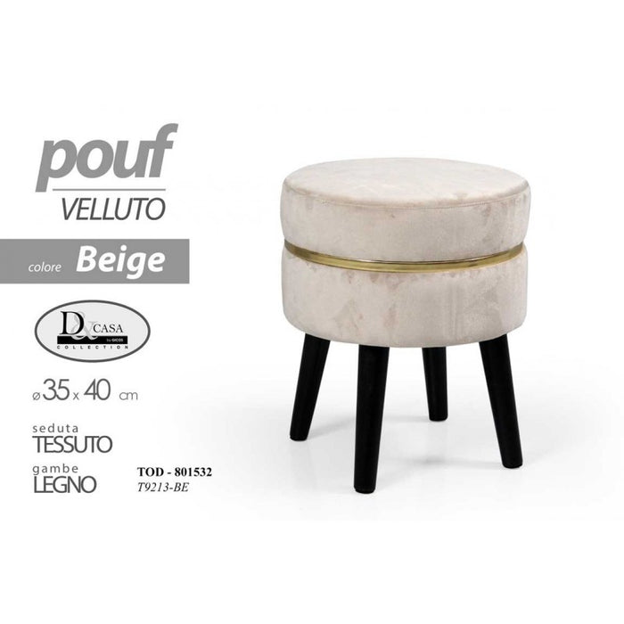 Sgabello in tessuto velluto con  gambe in legno pouf  beige