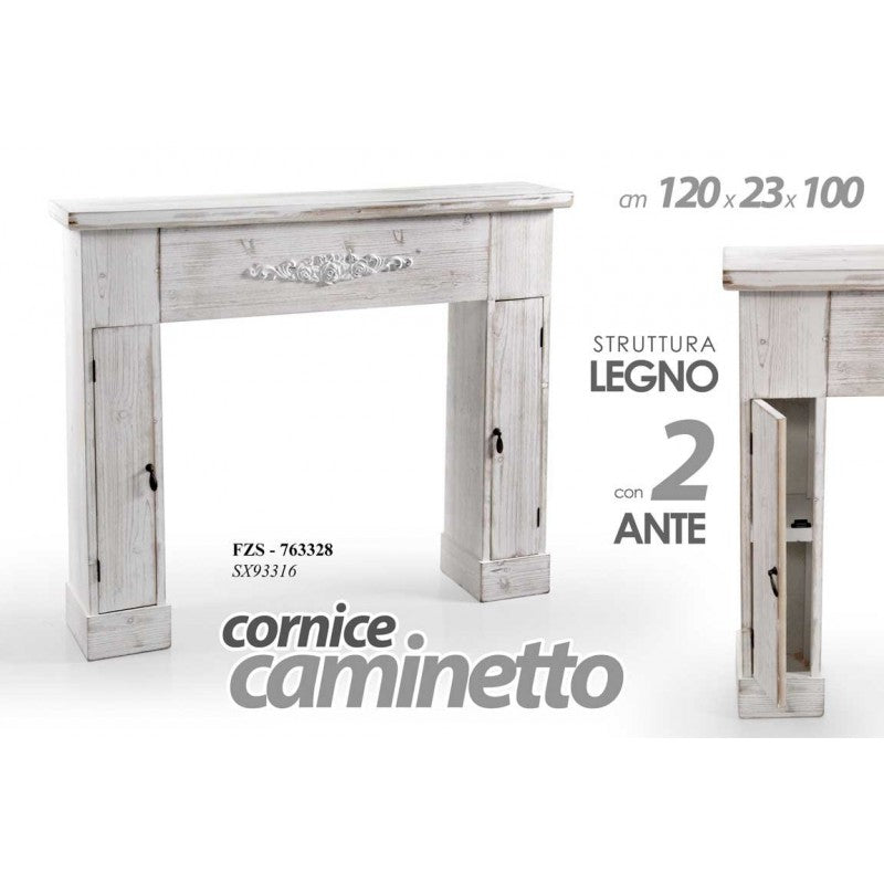 Cornice camino shabby anticato bianco legno cm 120 x 23 x 100 h