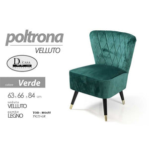 Poltrona da camera  in velluto verde  cm 63 x 66 x 84 h