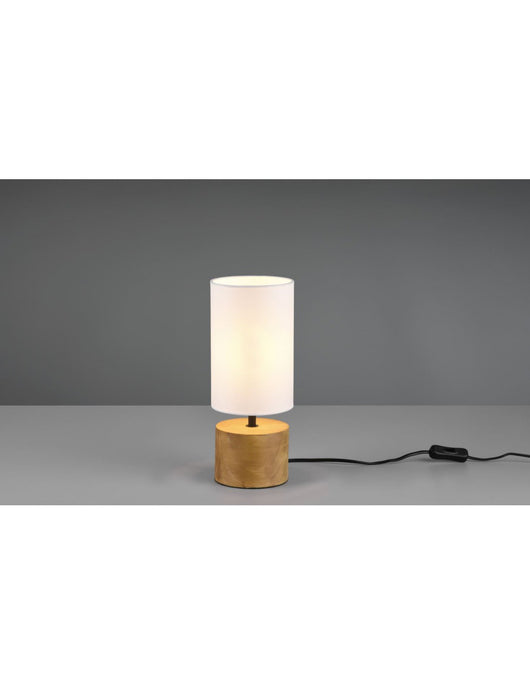 Lumetto Comodino Woody Rotondo Base Legno Paralume Bianco Trio Lighting