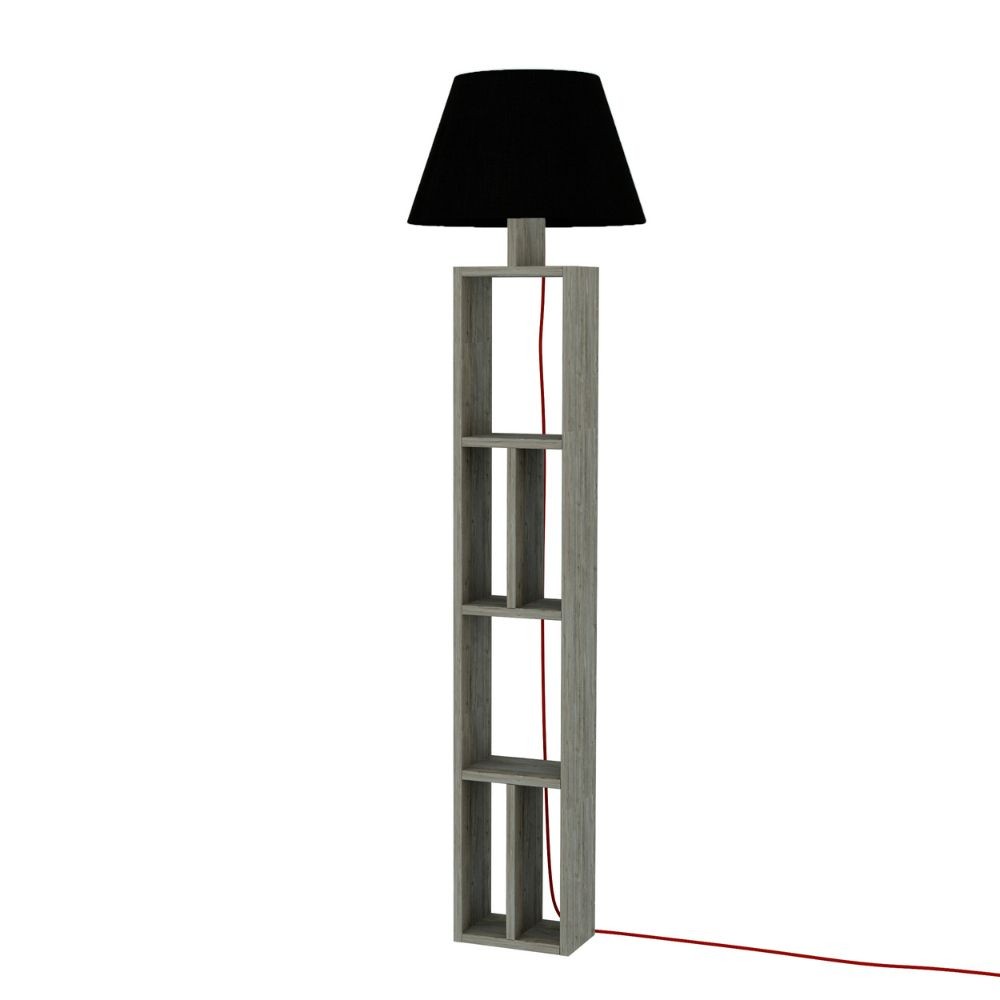 Lampada da terra in legno con libreria e paralume nero  45x45x163,5 cm