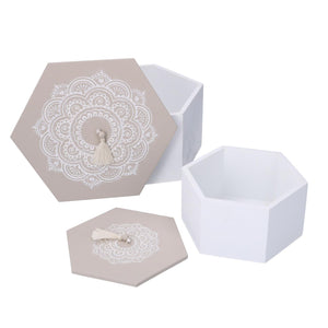 Wooden box 1-2 white mandala hexagon 19,5x19,5h10,5 cm