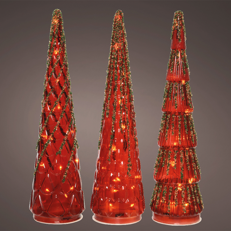 Mini alberi in vetro H35 cm rossi con 15 led Assortiti