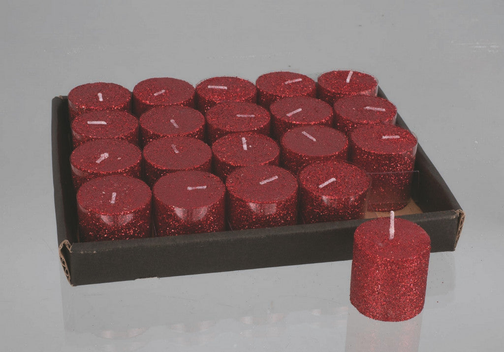 Display Candela Cilindro Cm.4X4 Rosso Glitter decorazione di Natale