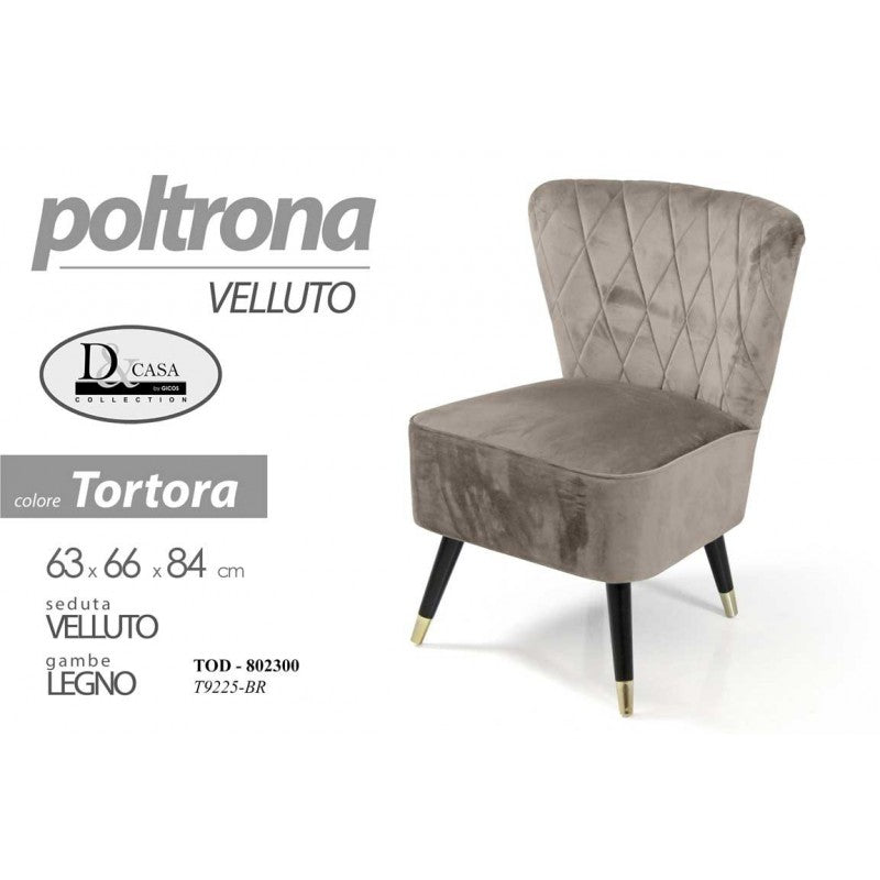 Poltrona da camera tortora in velluto cm 63 x 66 x 84 h