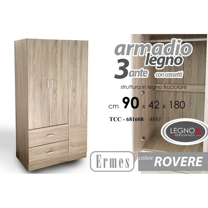 Armadio tre  ante rovere con cassetti  cm 90 x 42 x 180 h