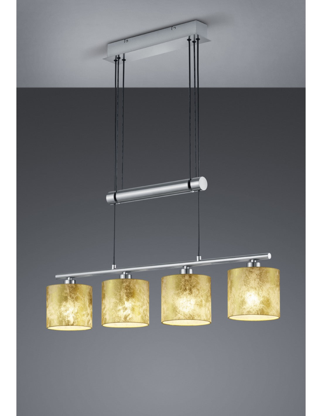 Sospensione Garda Nichel 4 Paralumi Tessuto Oro L77 cm Trio Lighting