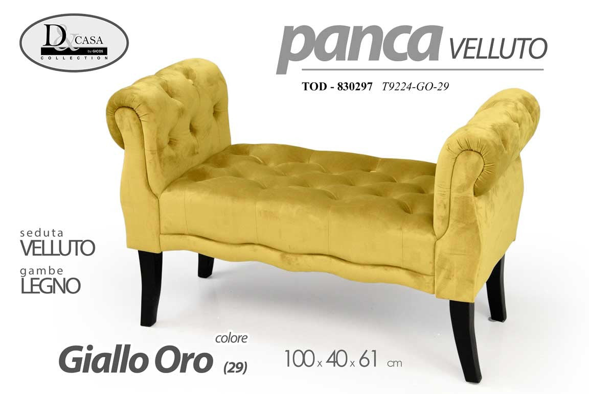 Panca in velluto giallo gambe in legno