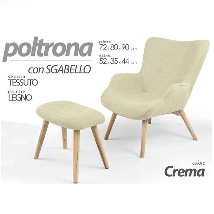 Poltrona salotto crema con sgabello poggiapiedi legno