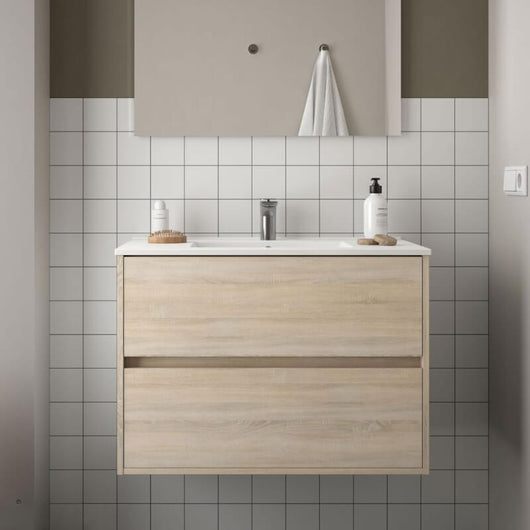 Mobile bagno sospeso Claros80 rovere caledonia con lavabo 2 cassetti 80x45x56h