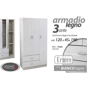 Armadio tre ante bianco con cassetti  cm 120 x 52 x 190 h