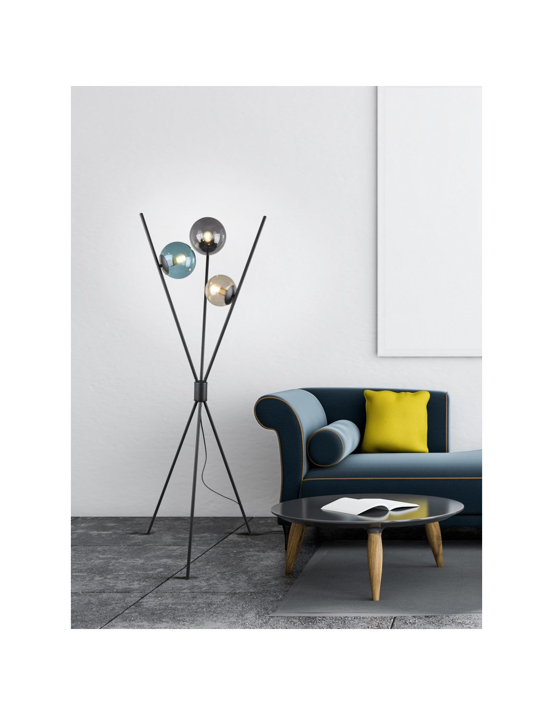 Piantana Moderna Treppiede Nero 3 Sfere Vetro Multicolor Lance Trio Lighting