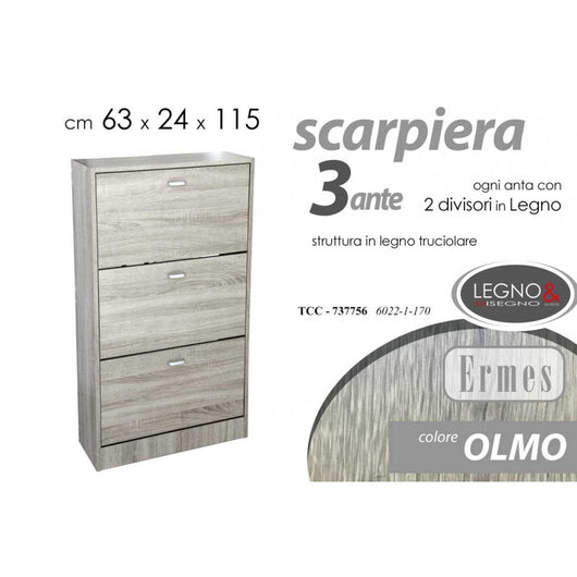 Scarpiera olmo tre ribalte con due divisori    cm 63 x 24 x 115 h