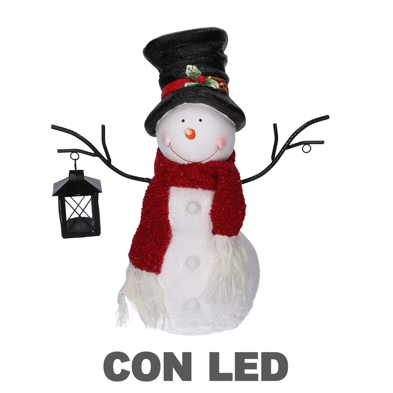 Pupazzo di neve resina con lanterna bianco con led cm37x19h44