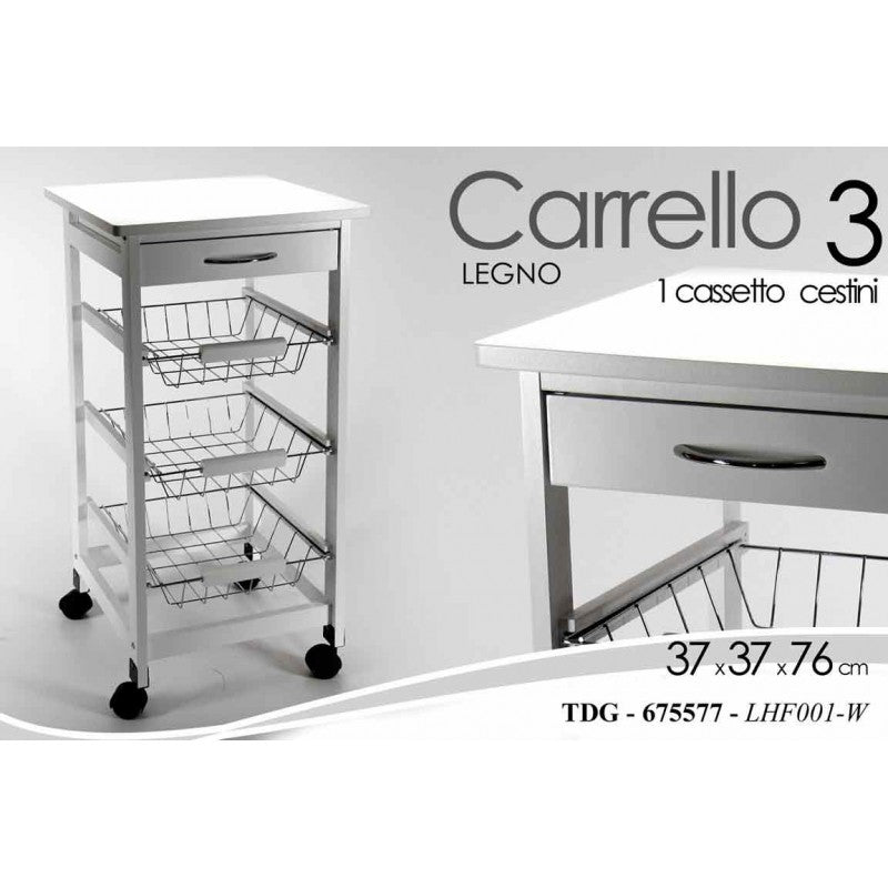 Carrello da cucina bianco cassetto cesti e rotelle cm 37 x 37 x 76 h