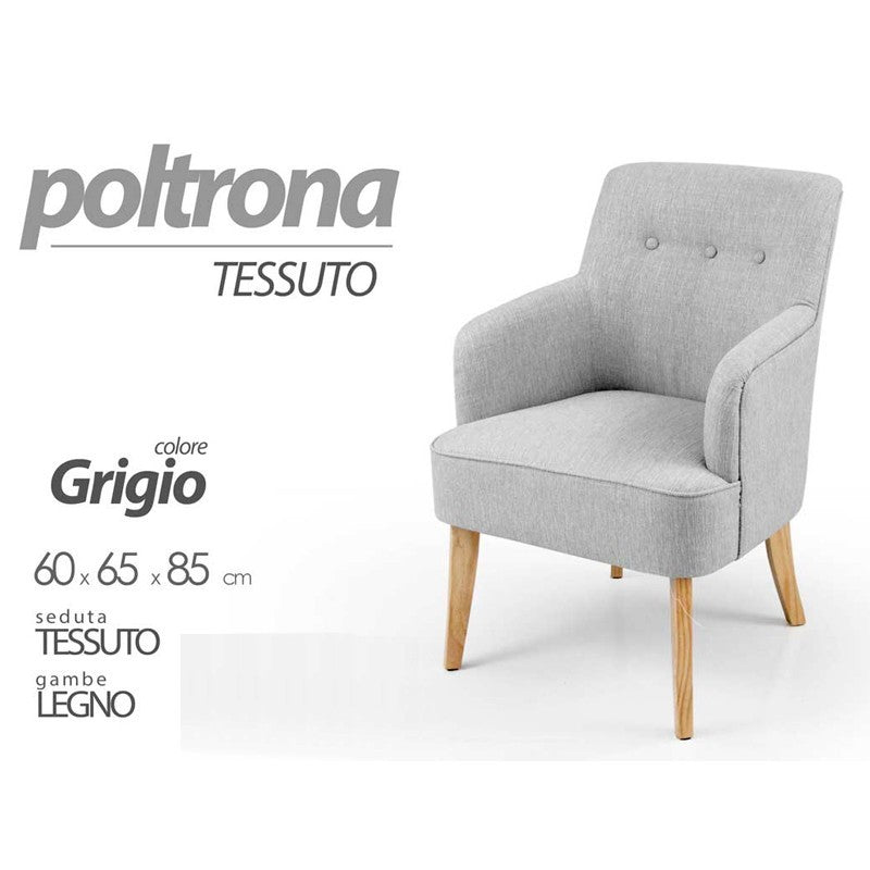 Poltrona in tessuto da camera o salotto piedi legno cm 60 x 65 x 85 h grigio