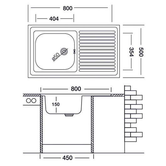 Lavello cucina vasca con gocciolatoio dx in acciaio da appoggio 50x80 cm