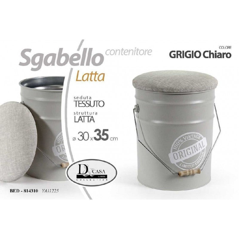 Sgabello in secchio latta grigio chiaro cm 30 x 28 x 35 h