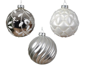 Pallina di Natale Palloncino di vetro lucido-opaco con linee a scacchi e foglia 3ass colore bianco/argento ø 10cm