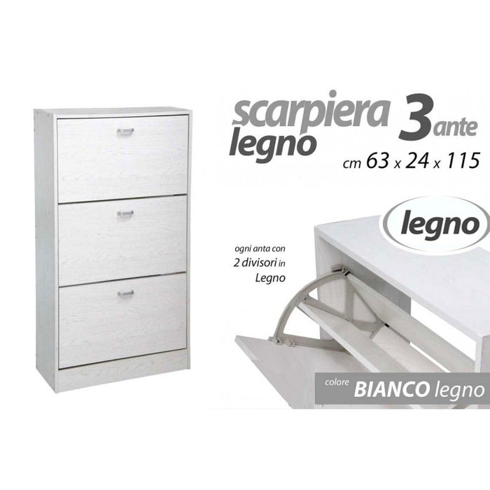 Scarpiera bianca doppia ribalta 3 ante cm 63 x 24 x 115 h slim