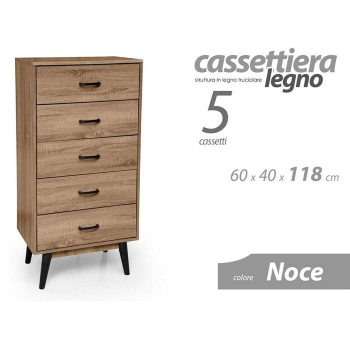 Cassettiera como stile urban noce nero 5 cassetti cm 60 x 40 x 118 h