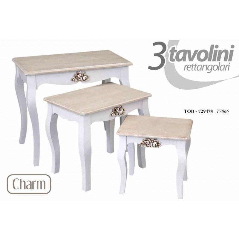 Set tre tavolini shabby shic salotto bianco beige