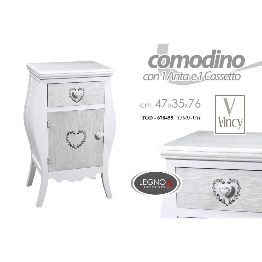 Comodino shabby bianco cuore con vano e cassetto cm 47 x 35 x 77 h